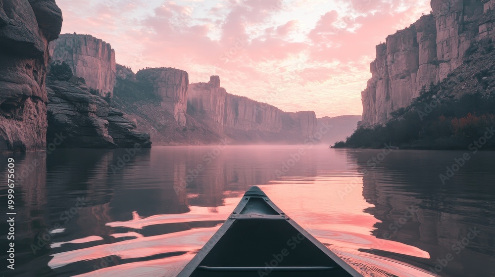 Fototapeta premium A canoe floating in a calm river, with towering cliffs in the background and a soft pink sky above.