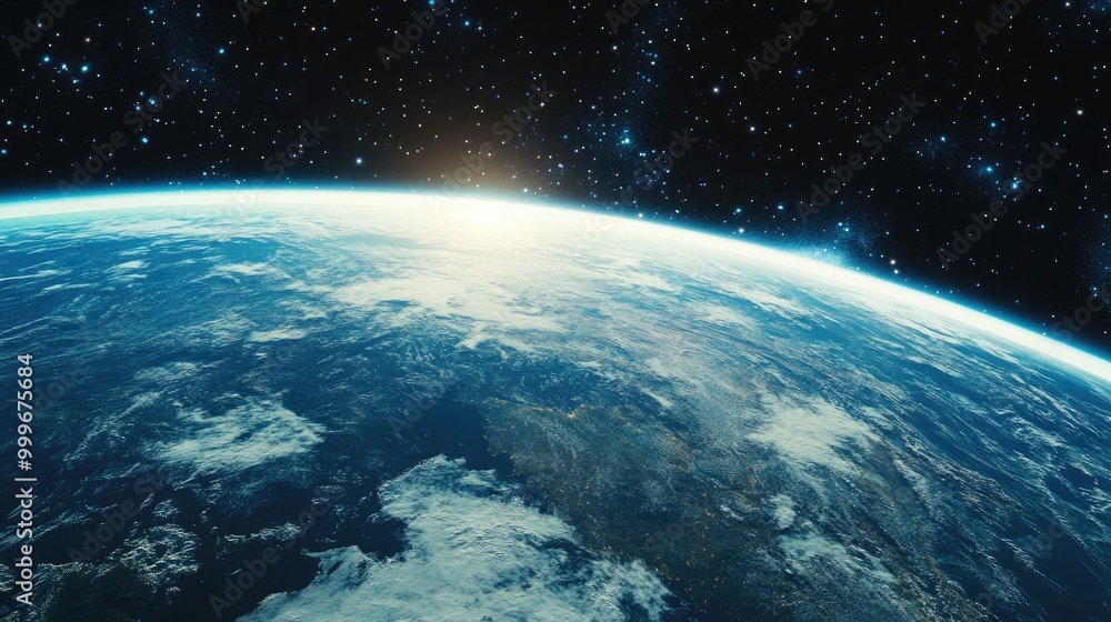 Obraz premium Earth as seen from a space station window, the curvature of the planet visible with vibrant blue oceans and landmasses, set against the backdrop of stars.