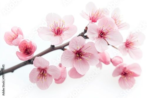 Pink cherry blossom on white background, isolated Sakura tree branch - generative ai