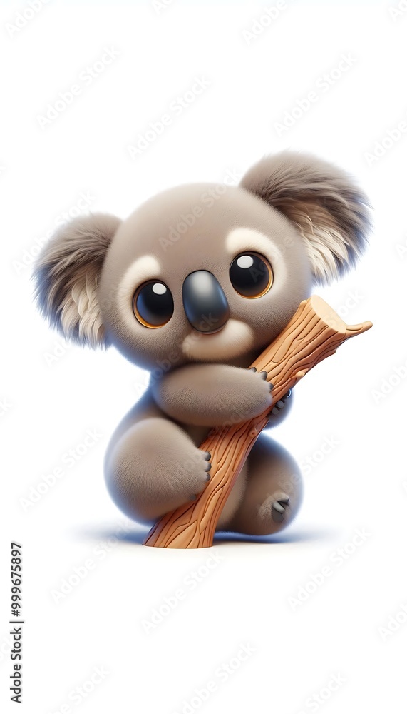 small koala hugging a tree branch with big eyes in a 3D style, isolated on a white background small koala hugging a tree branch with big eyes in a 3D style, isolated on a white background