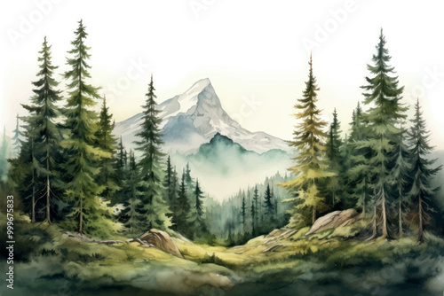 Serene mountain forest landscape watercolor