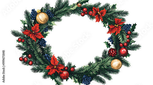 Wallpaper Mural A festive Christmas wreath with pine branches, holly, red berries, poinsettia and ornaments. Torontodigital.ca