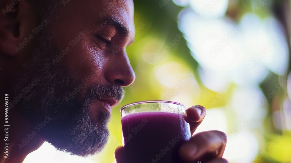 A man enjoying a purple drink, immersed in a serene, nature-filled environment. A man enjoying a purple drink, immersed in a serene, nature-filled environment.