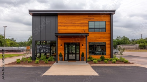 Modern storefront with wood siding and black accents.