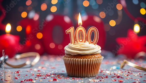 Birthday cupcake with burning lit candle with number 100. Number one hundred for one hundred years or one hundredth anniversary. photo