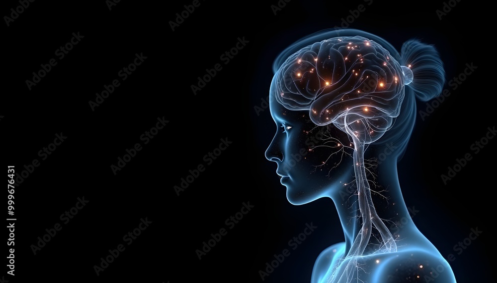A 3D illustration of a luminous silhouette of a woman against a black background. The neural connections and nerve endings, showcasing the complexity of the nervous system. A 3D illustration of a luminous silhouette of a woman against a black background. The neural connections and nerve endings, showcasing the complexity of the nervous system.