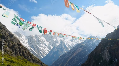 stunning 4K shot captures colorful Buddhist prayer flags fluttering gently wind backdrop majestic snowy mountains clear sky showcasing spiritual 