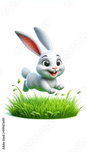 cheerful, bouncing rabbit with floppy ears hopping in a grassy meadow in 3D style, isolated on white photo