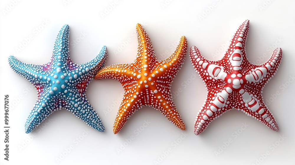 Three Colorful Starfish on White Background Three Colorful Starfish on White Background