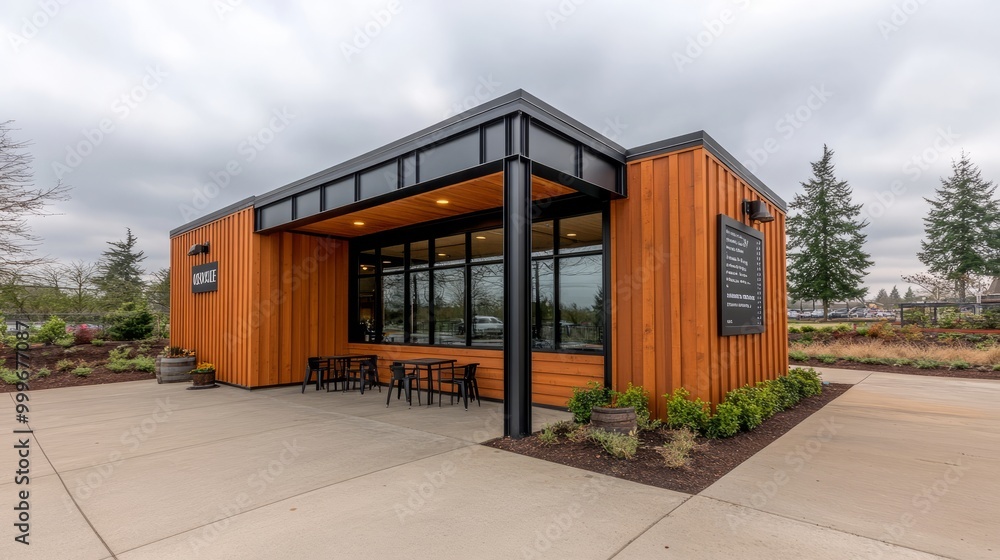 Modern, wood-sided coffee shop with patio seating. Modern, wood-sided coffee shop with patio seating.