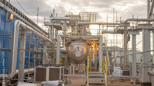 Deaerator feed water tank for coal power plant industry.A close-up of an industrial tank and piping system on a platform. The tank is made of stainless steel and is connected to a network of pipes    
