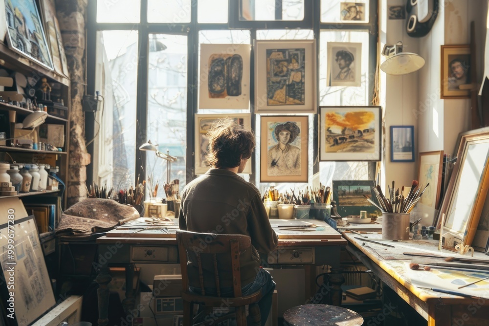 A person sitting at a desk with a view of the outside world through the window A person sitting at a desk with a view of the outside world through the window