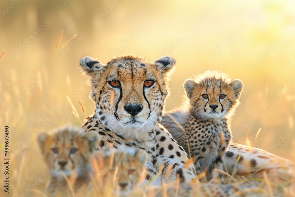 Wild cheetah with cubs in golden savannah grass, family wildlife, nurturing nature concept Wild cheetah with cubs in golden savannah grass, family wildlife, nurturing nature concept