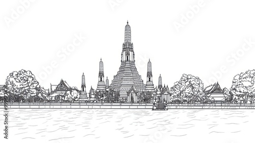 Line drawing of the prang of Wat Arun, Bangkok