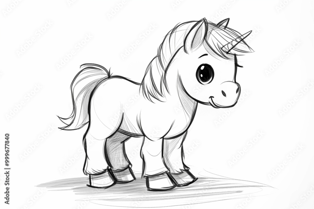 Fototapeta premium A whimsical black and white sketch of a cute unicorn, showcasing its charming features and playful demeanor. Ideal for children's content, fantasy-themed designs