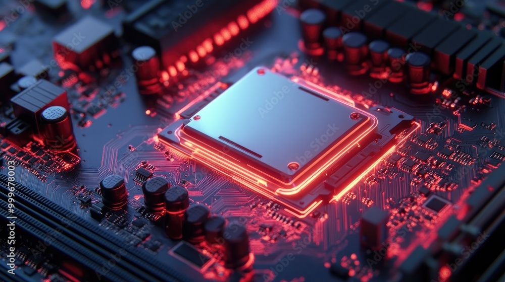 A CPU installed in a socket on a motherboard, with a futuristic lighting effect highlighting the details. A CPU installed in a socket on a motherboard, with a futuristic lighting effect highlighting the details.