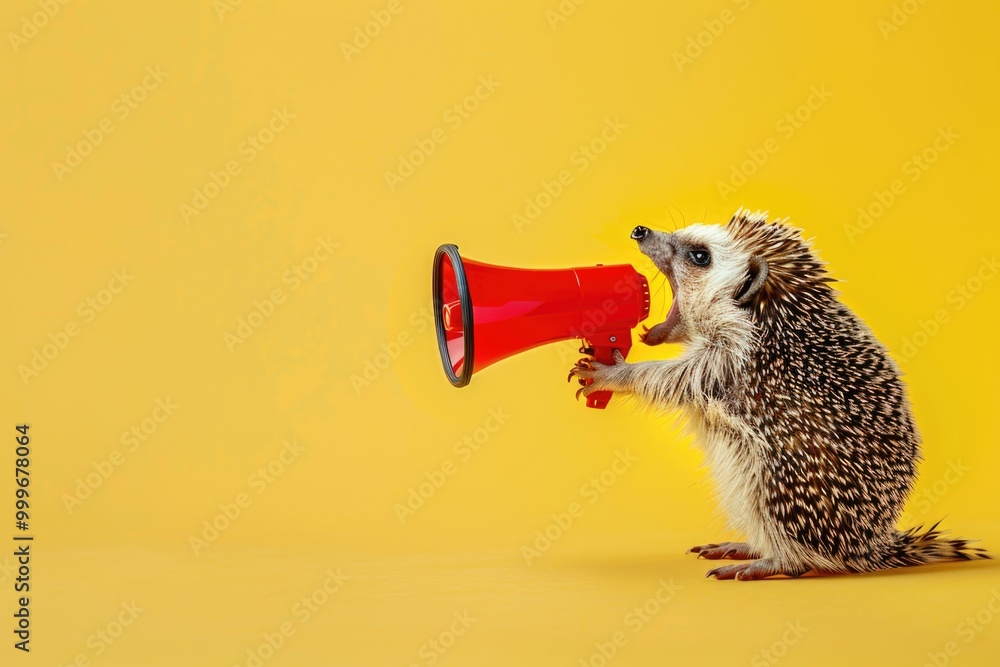 Fototapeta premium A small hedge sitting upright, holding a megaphone in its mouth