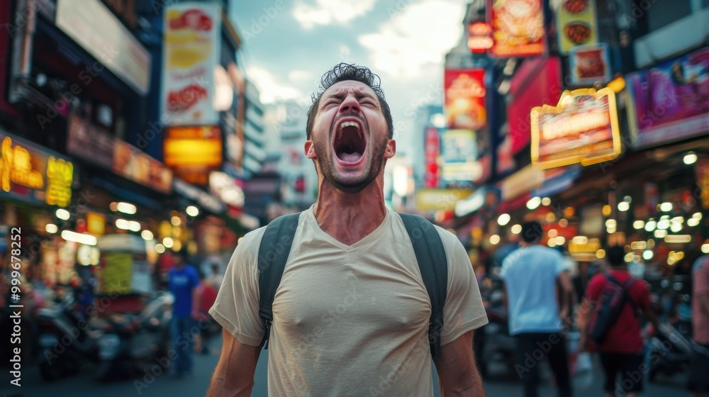 Man shouting at Khaosan Road background. Man shouting at Khaosan Road background.