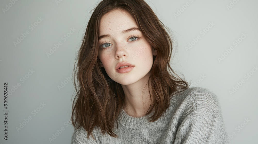 Beautiful young model in studio with natural makeup showcasing her skincare routine and wellness on a neutral gray background for aesthetic appeal Beautiful young model in studio with natural makeup showcasing her skincare routine and wellness on a neutral gray background for aesthetic appeal