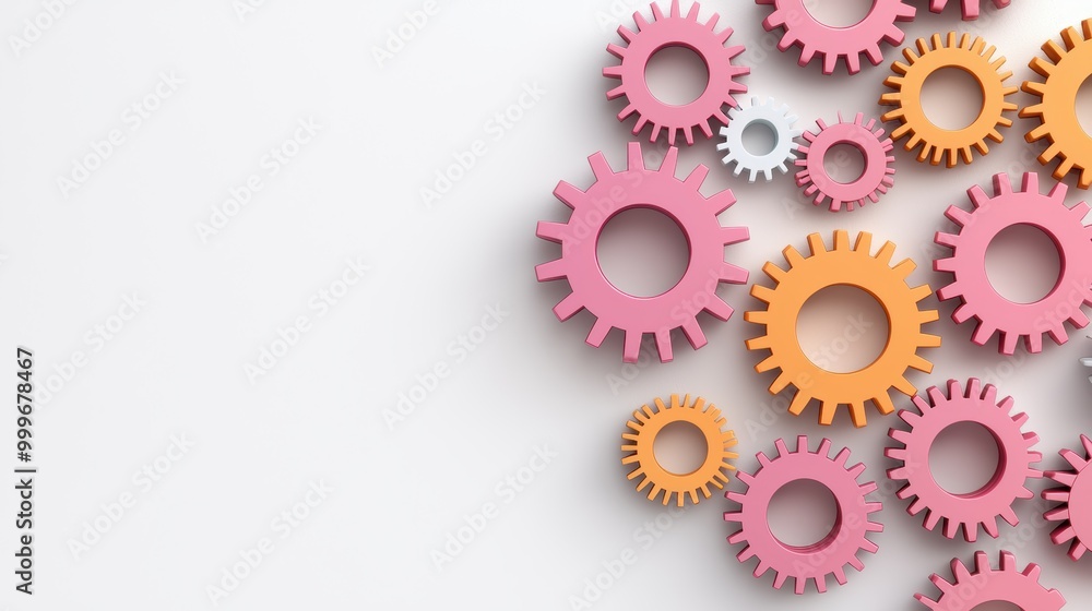 3D illustration of colorful cog and gear system representing machine integration and software connectivity against a clean white background for engineering concepts 3D illustration of colorful cog and gear system representing machine integration and software connectivity against a clean white background for engineering concepts