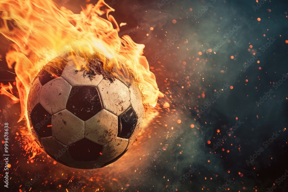 Fototapeta premium A burning soccer ball suspended in mid-air