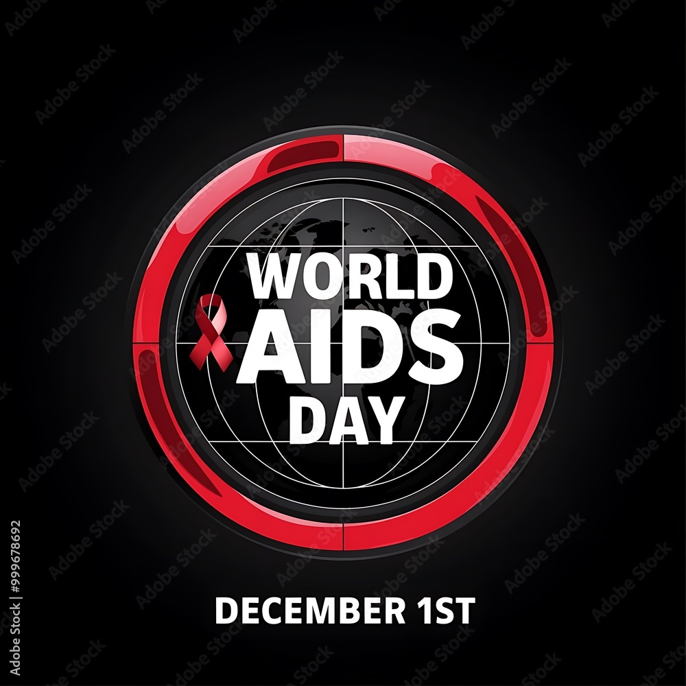 World Aids Day December 1st - Banner with Red Ribbon, Text World Aids Day on World Map Background World Aids Day December 1st - Banner with Red Ribbon, Text World Aids Day on World Map Background