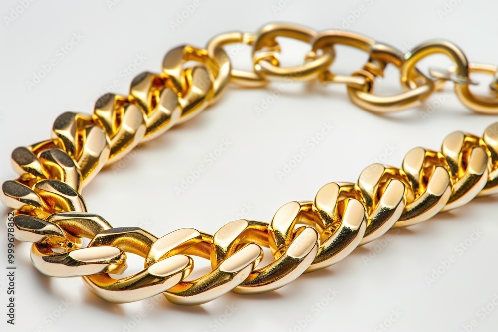 A single gold chain bracelet lying on a white surface A single gold chain bracelet lying on a white surface