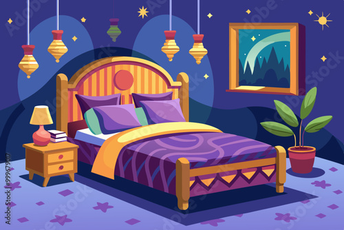 bedroom with bed. Beautiful sleeping bed vector art illustration