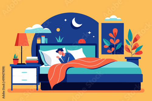 bedroom with bed. Beautiful sleeping bed vector art illustration