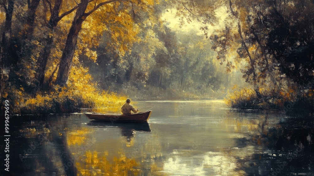 A fisherman in a small boat on a river, casting his line into the still waters surrounded by trees. A fisherman in a small boat on a river, casting his line into the still waters surrounded by trees.