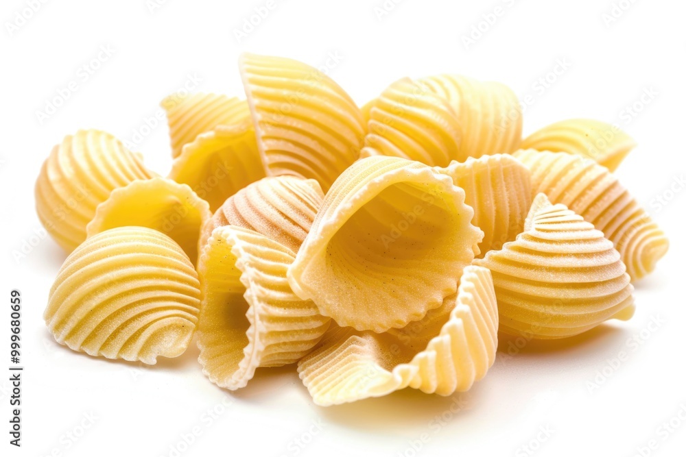 A heap of cooked pasta shells on a plain white background A heap of cooked pasta shells on a plain white background