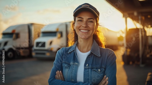 A truck driver woman standing and smiling.