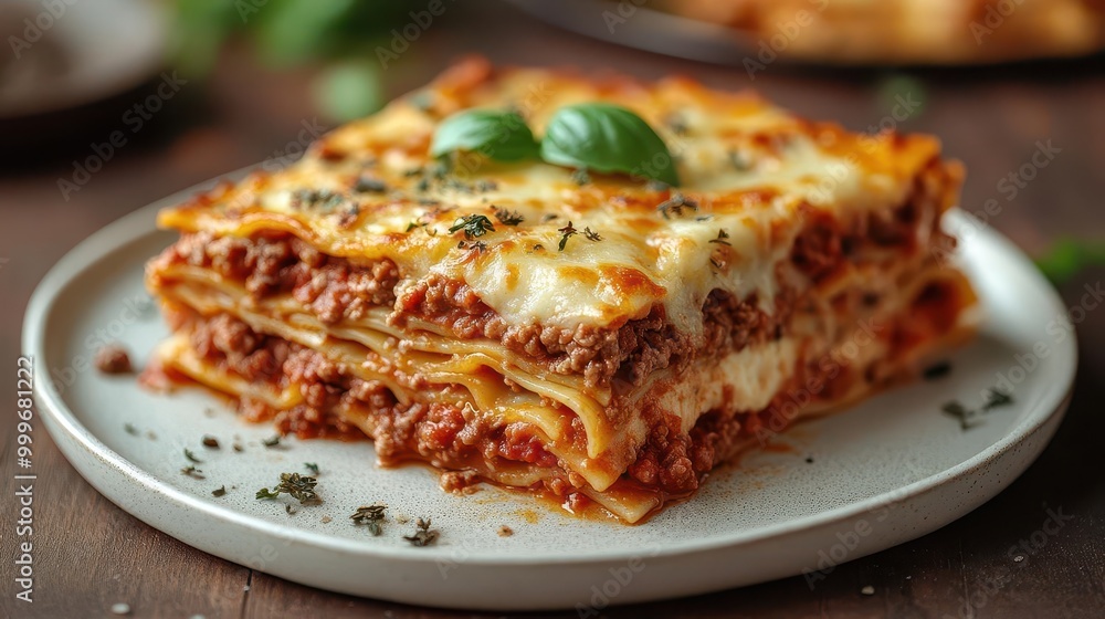 delicious hot lasagna presented on a white plate with a fresh basil leaf highlighting culinary art and inviting viewers to savor the dish delicious hot lasagna presented on a white plate with a fresh basil leaf highlighting culinary art and inviting viewers to savor the dish