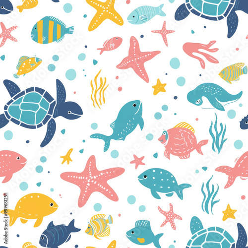 Seamless pattern,Colorful Underwater Marine Life Pattern with Fish, Turtles, and Starfish on a White Background