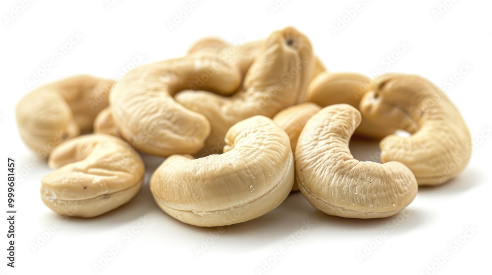 A pile of cashews arranged neatly on a white background A pile of cashews arranged neatly on a white background