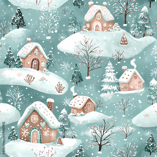 Seamless pattern with cute winter houses and trees, in pastel colors, vector illustration. 