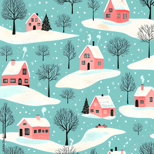 Seamless pattern with cute winter houses and trees, in pastel colors, vector illustration. 