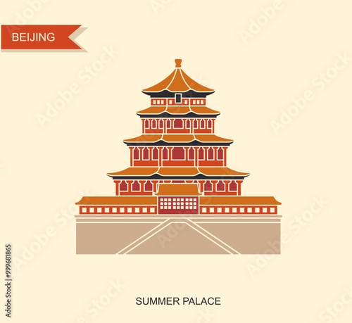 Summer Palace in Beijing China. Flat cartoon style historic sight showplace attraction web site vector illustration