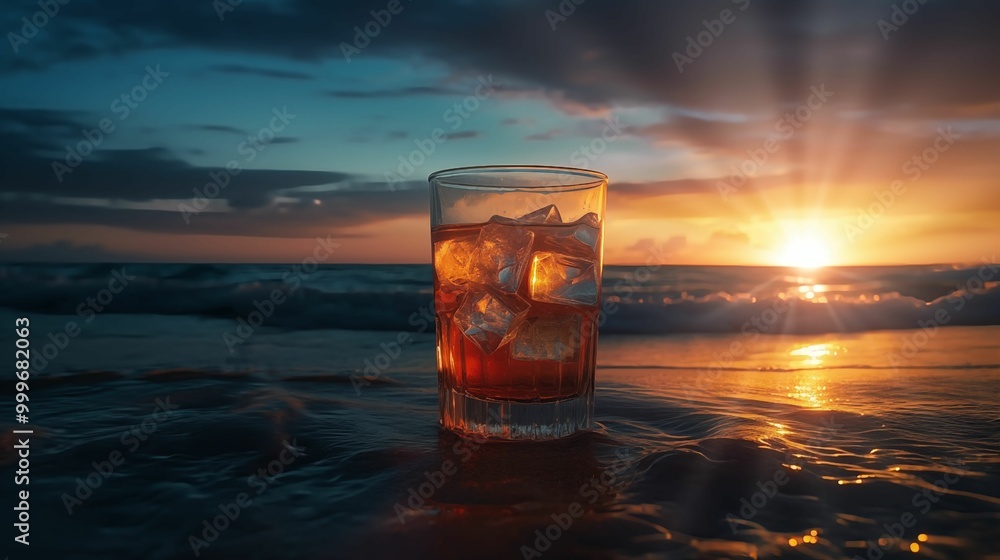 Sunrise on the beach with cocktail Sunrise on the beach with cocktail