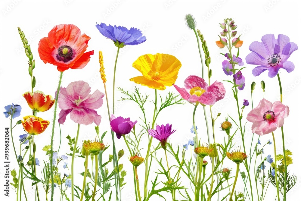 Fototapeta premium A bouquet of colorful flowers arranged on a white background, perfect for use in editorial, commercial or personal projects