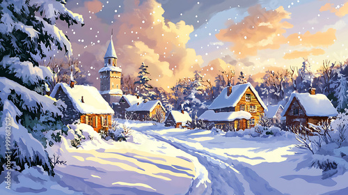 A quaint, snow-covered village with a church steeple in the distance. The sun shines brightly through the clouds, creating a warm and inviting atmosphere. photo