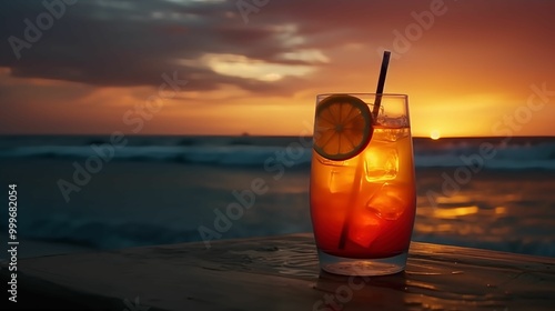 Sunrise on the beach with cocktail