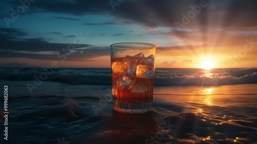 Sunrise on the beach with cocktail