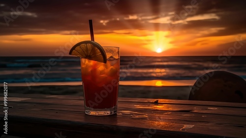 Sunrise on the beach with cocktail
