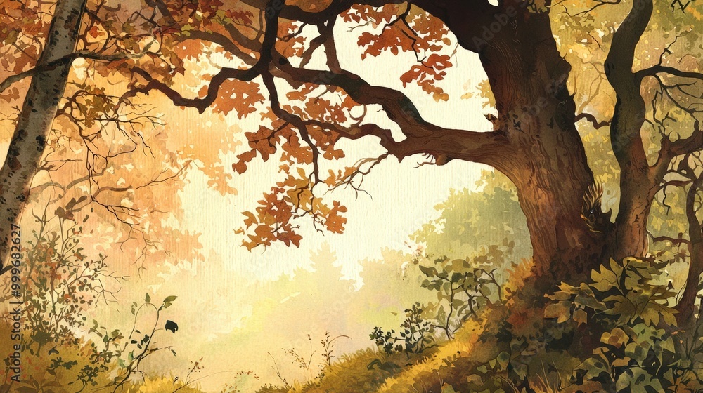Fototapeta premium Golden autumn afternoon in a serene forest with colorful foliage and gentle sunlight