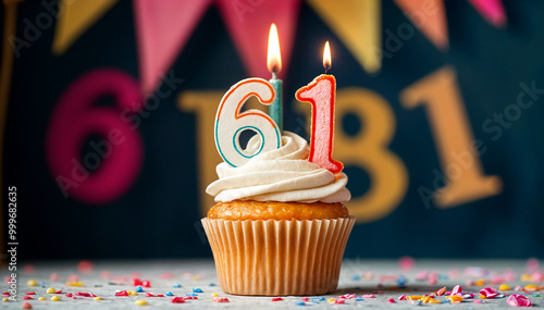 Birthday cupcake with burning lit candle with number 61. Number sixty-one for sixty-one years or sixty-first anniversary. photo