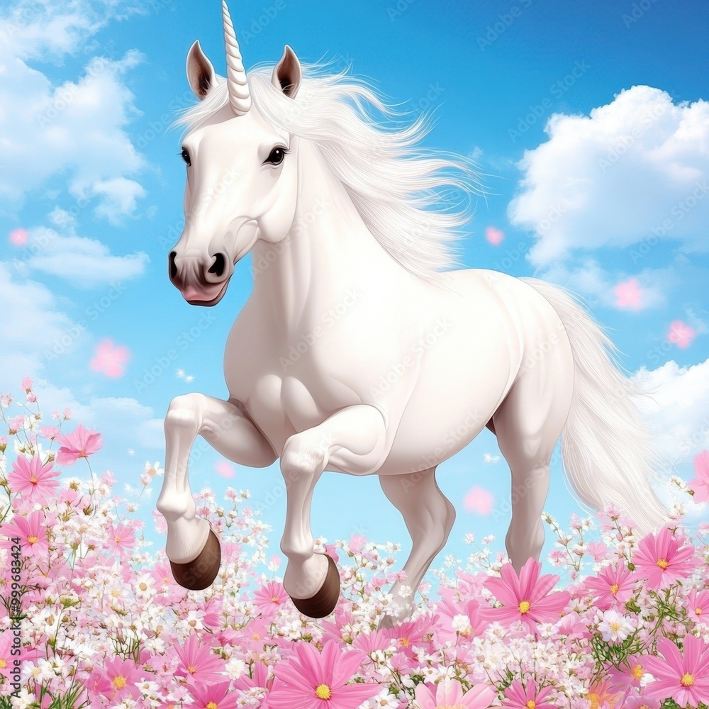 Naklejka premium A majestic unicorn gracefully leaps through vibrant pink flowers under a bright blue sky