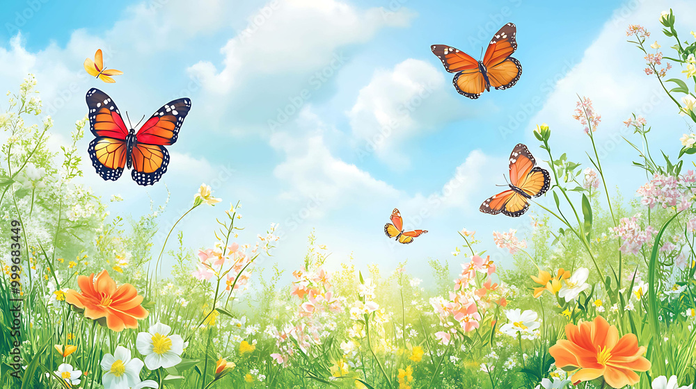Butterflies flying over a field of colorful flowers. Butterflies flying over a field of colorful flowers.