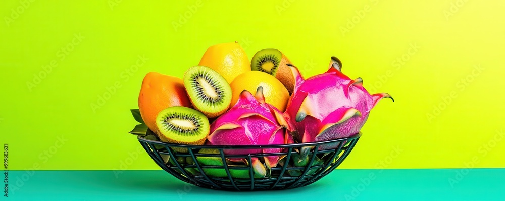 Exotic fruit basket with dragon fruit, papaya, and kiwi, Textures popping under bright light, Pop art, Vibrant neon colors, High contrast and bold textures Exotic fruit basket with dragon fruit, papaya, and kiwi, Textures popping under bright light, Pop art, Vibrant neon colors, High contrast and bold textures