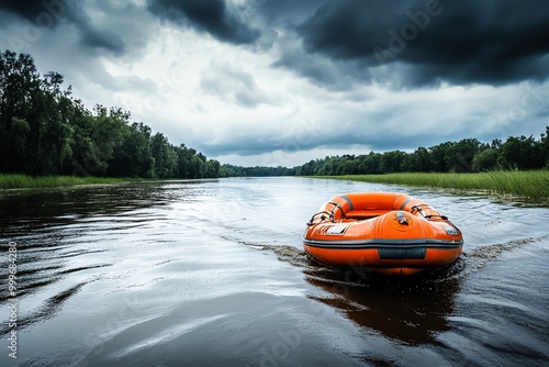 Orange inflatable raft floating on a calm river under dramatic cloudy skies, surrounded by lush green trees.